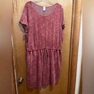 Washed Rose Drawstring Waist Casual Dress